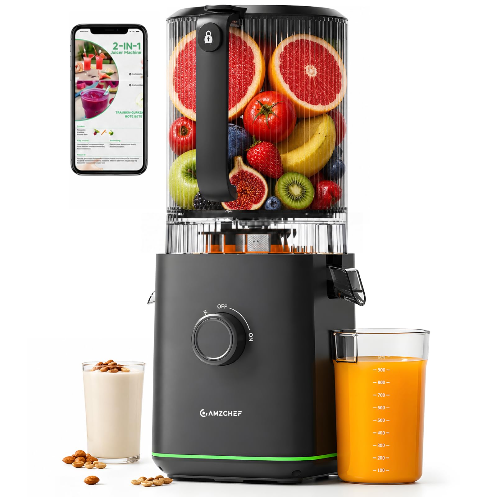 AMZCHEF Entsafter 600W, Slow Juicer 2,5L mit 160 mm großer Einfüllöffnung | für ganze Früchte und Gemüse, hohe Saftausbeute, Cold Press Juicer für frische Säfte, Nussdrinks, Leise, leicht zu reinigen