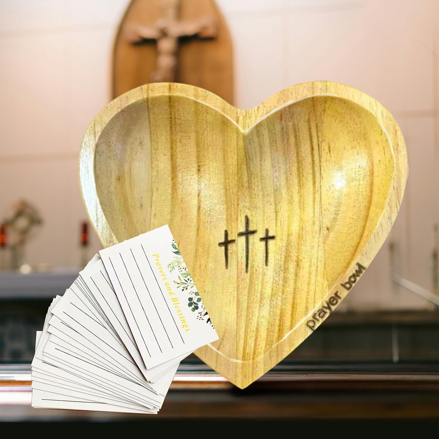 Heart Prayer Bowl with Cross,Prayer Bowll with Cards, Heart Prayer Bowl Wooden,With 24 Cards,Enhance Home Decor or Room Ambiance For Christian Congregation Gifts (B)
