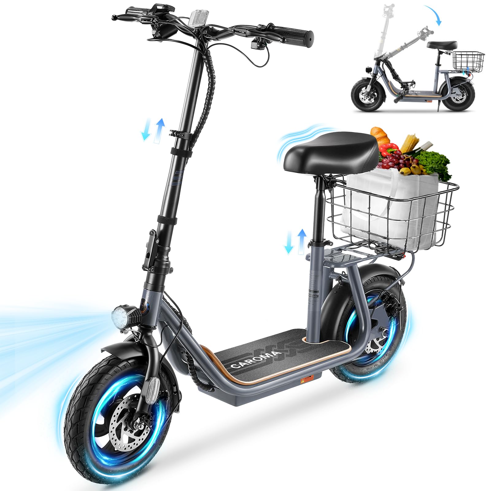 Caroma Electric Scooters for Adults, 1200W Peak Motor, 20 MPH Top Speed, 30 Miles Max Range, Foldable Electric Scooter with Seat, Detachable Large Basket, Perfect Commuter E Scooter for Teens