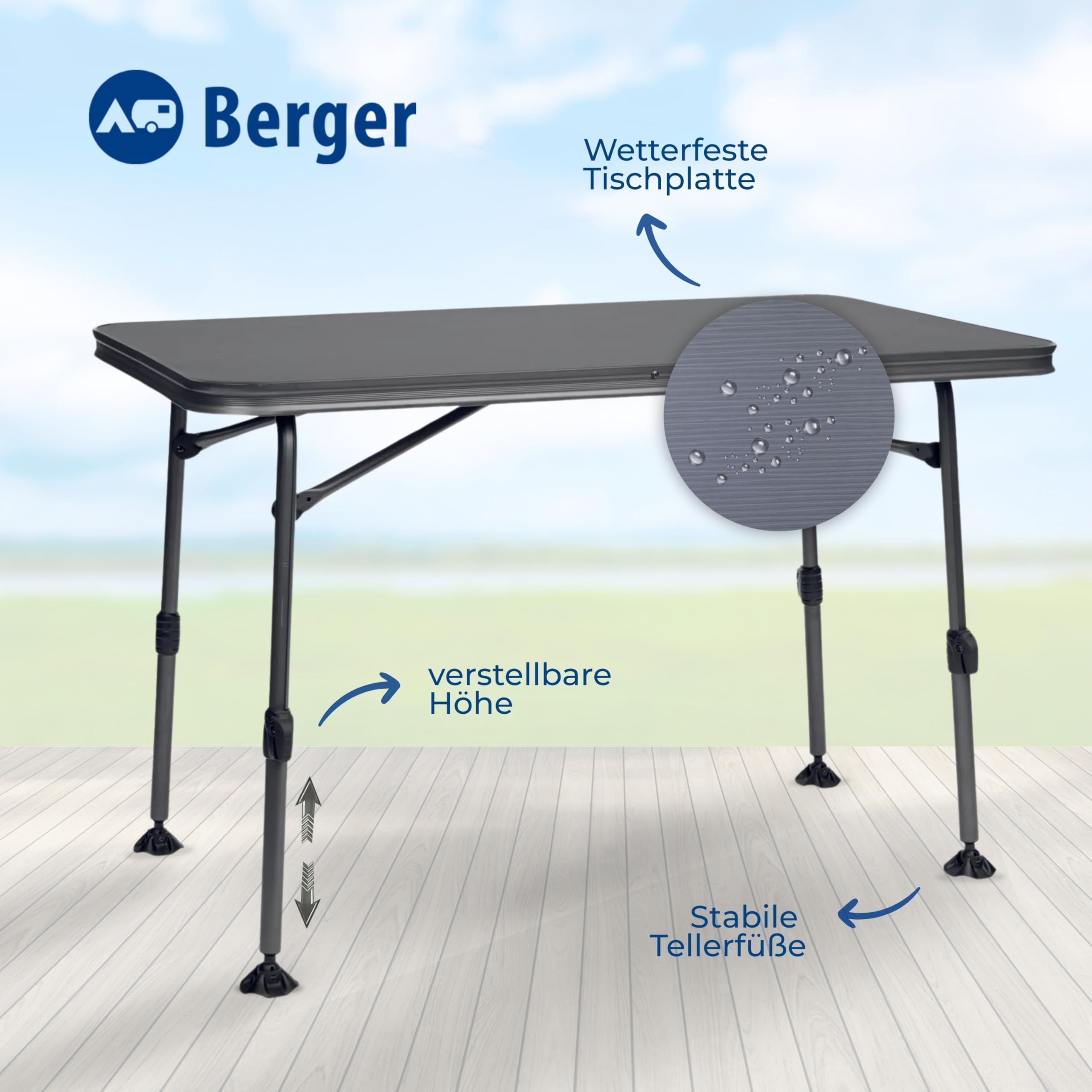 Berger Molveno Campingtisch | Klapptisch Höhenverstellbar 115 x 70 cm Alu Campingtisch Klappbar Camping Tisch Gartentisch Klappbar | Falttisch Esstisch Balkon Klapptisch Garten Terrasse