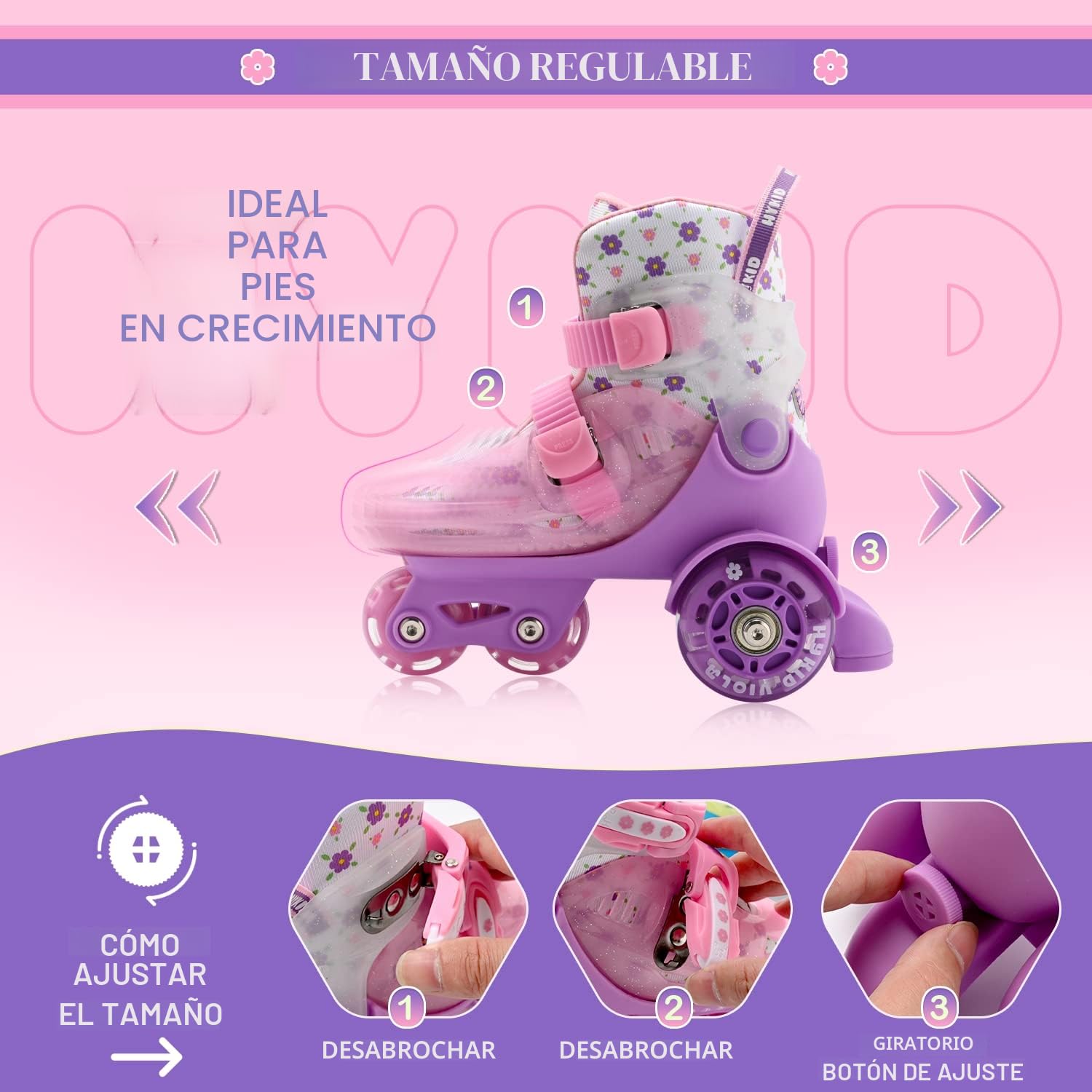 Patines 4 Ruedas Niña, 4 Tallas Ajustables 3-8 Años, Unicornios para Niñas Construcción de 3 Puntos Estable y Segura,Patines para Niños Principiantes Patinete