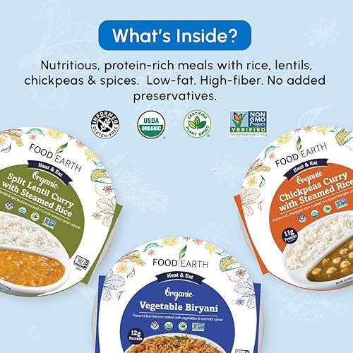 Miniatura 5 de Food Earth Paquete de cocina india listo para comer, curry de lentejas partidas, garbanzos al curry con arroz al vapor y verduras Biryani