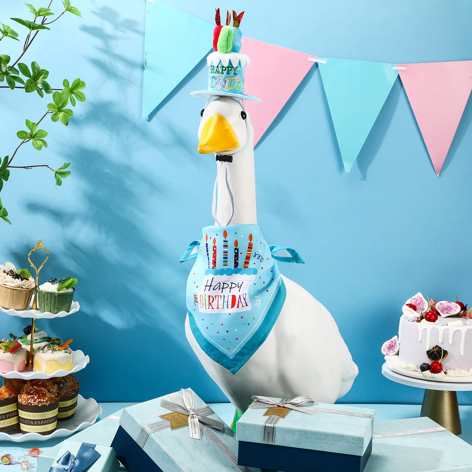 Happy Birthday Gans Outfit Set – Kuchenhut & Bandana Für Garten-Gänse Bis 58,4 Cm (Blau, Stil 2)