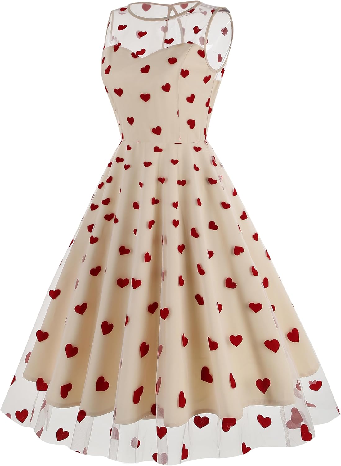Valentines Dresses for Women Tulle Dresses for Party Sheer Mesh Heart Printed Mini Dress Fit and Flare Homecoming Dresses Sleeveless Wedding Guest Dresses Summer Cocktail Party Dress Apricot Heart M