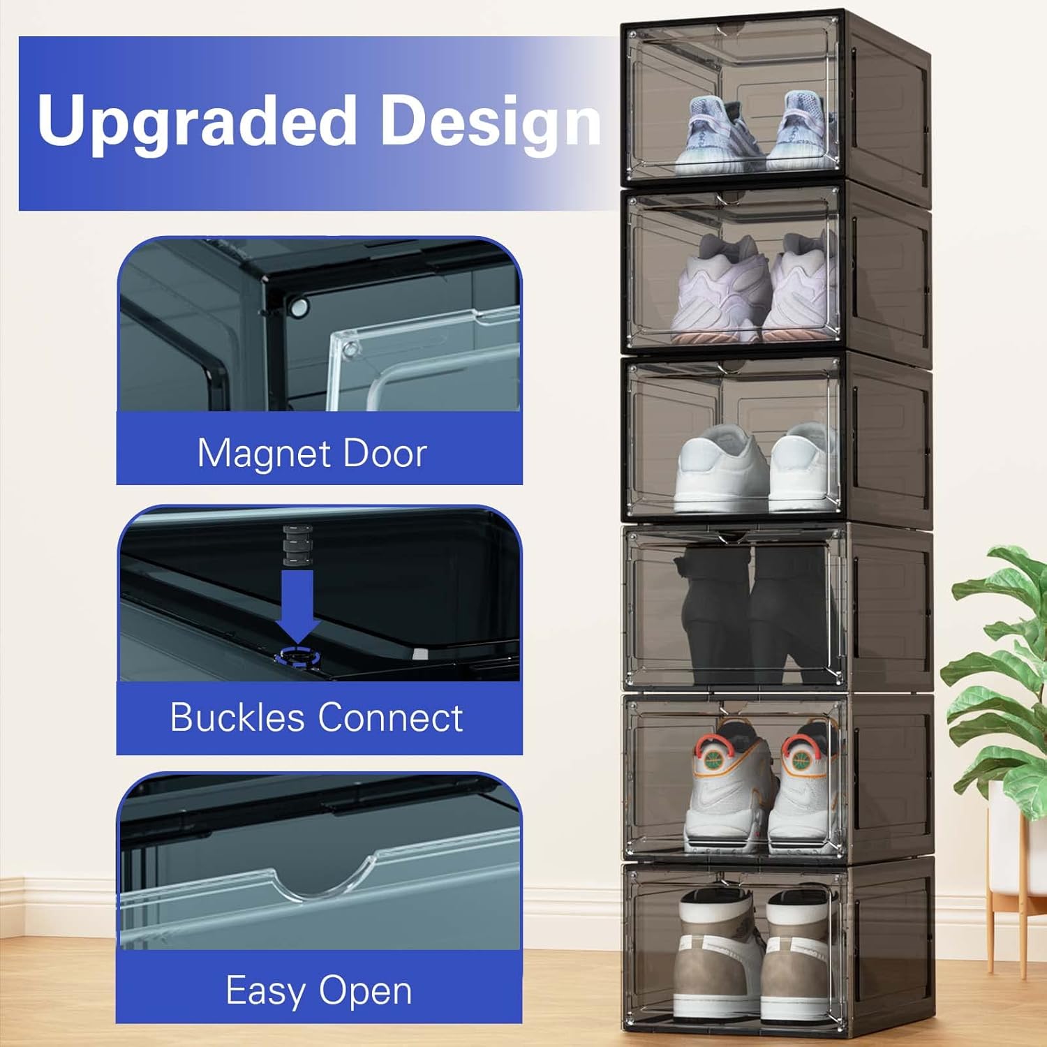 iBune 12 Pack Drop Front Shoe Storage Boxes, Clear Plastic Shoe Organizer for Closet, Easy Assembly, Stackable Foldable Shoe Containers for Display Sneakers Boots, Fit US Size up to 12, Black : Clothing, Shoes & Jewelry