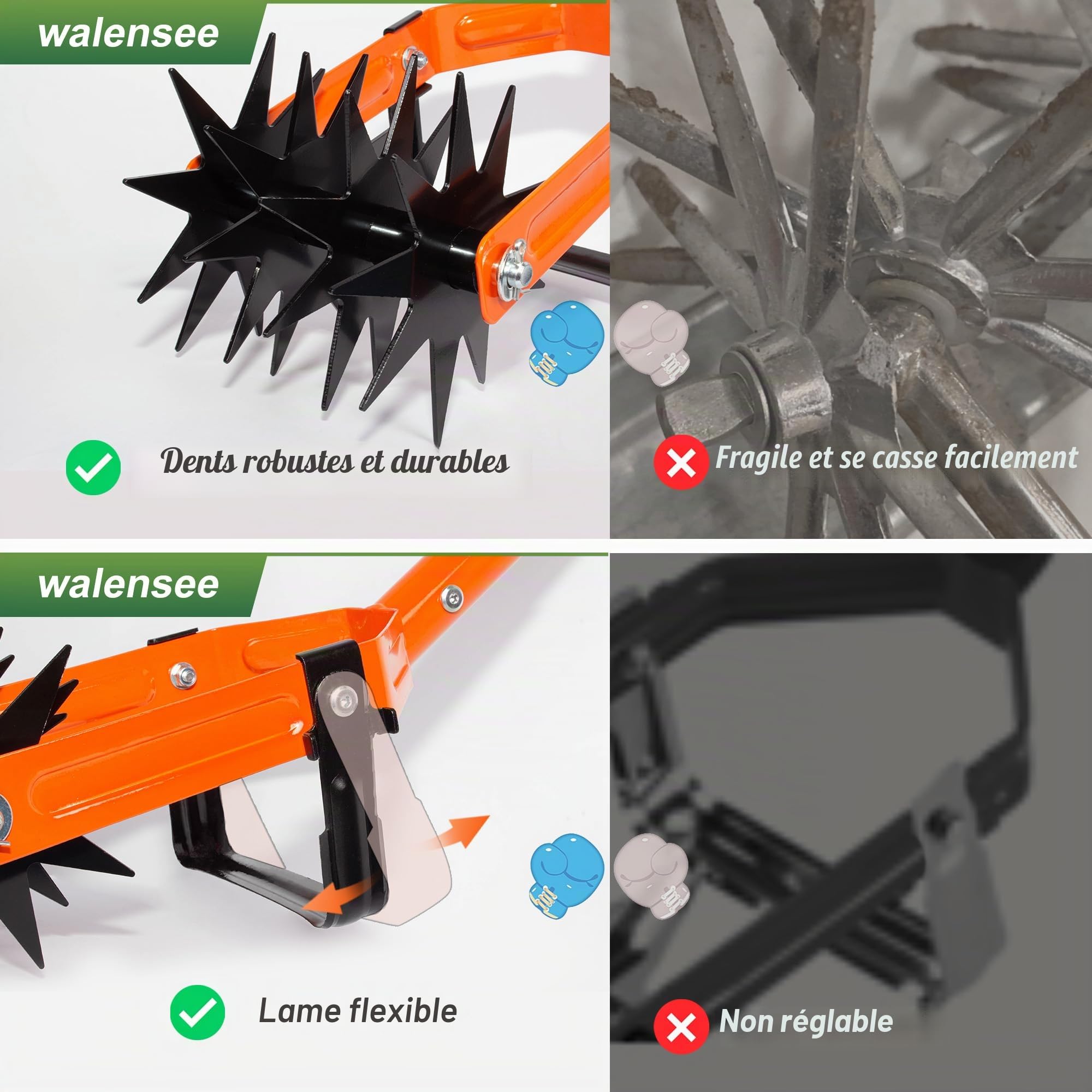 Walensee Cultivateur rotatif, motoculteur manuel avec dents roulantes en forme d'étoile