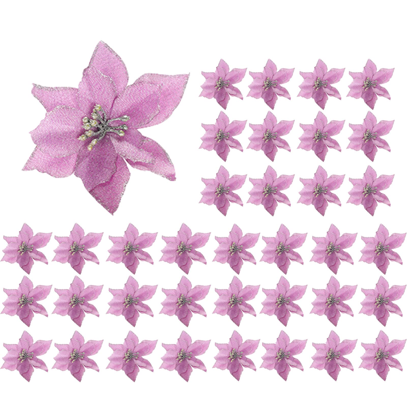 Lot De 6 Poinsettia De Noël à Paillettes Dorées Avec Tiges Pour Décoration De Noël