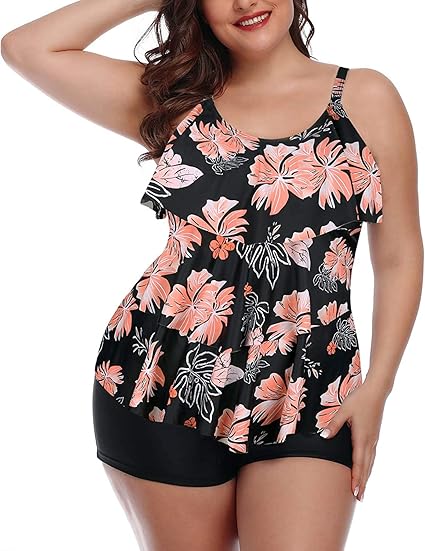 Yonique Women's Plus Size Tankini Swimsuits with Shorts Two Piece Bathing Suits Ruffle Swimsuits Tummy Control Swimwear