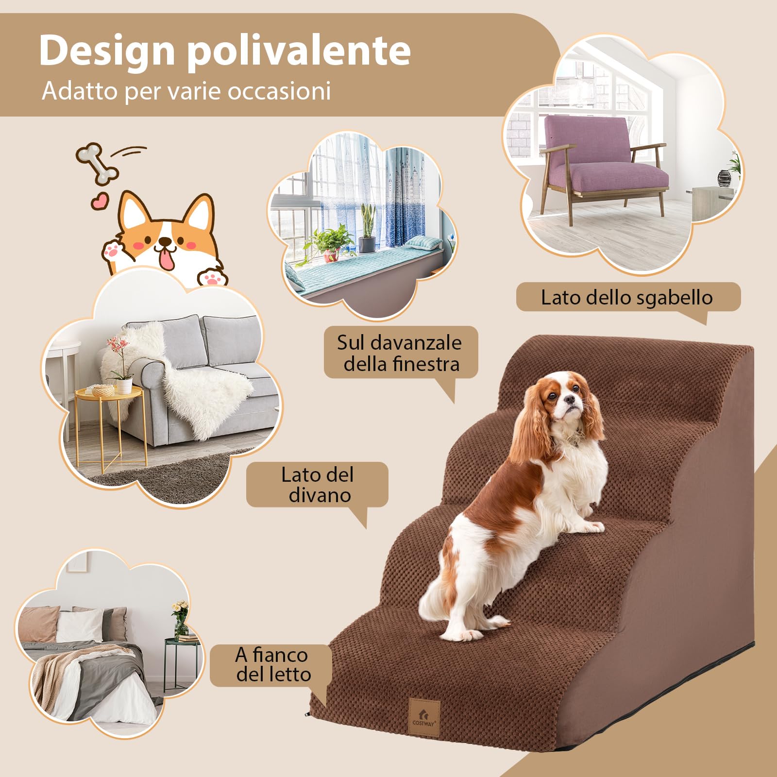 COSTWAY Rampa per Cani in Schiuma a 4 Livelli, Scale Antiscivolo con Superficie a Pendenza Dolce per Divani e Letti Alti, Rampa per Cani Piccoli e Vecchi, Animali con Problemi alle Articolazioni