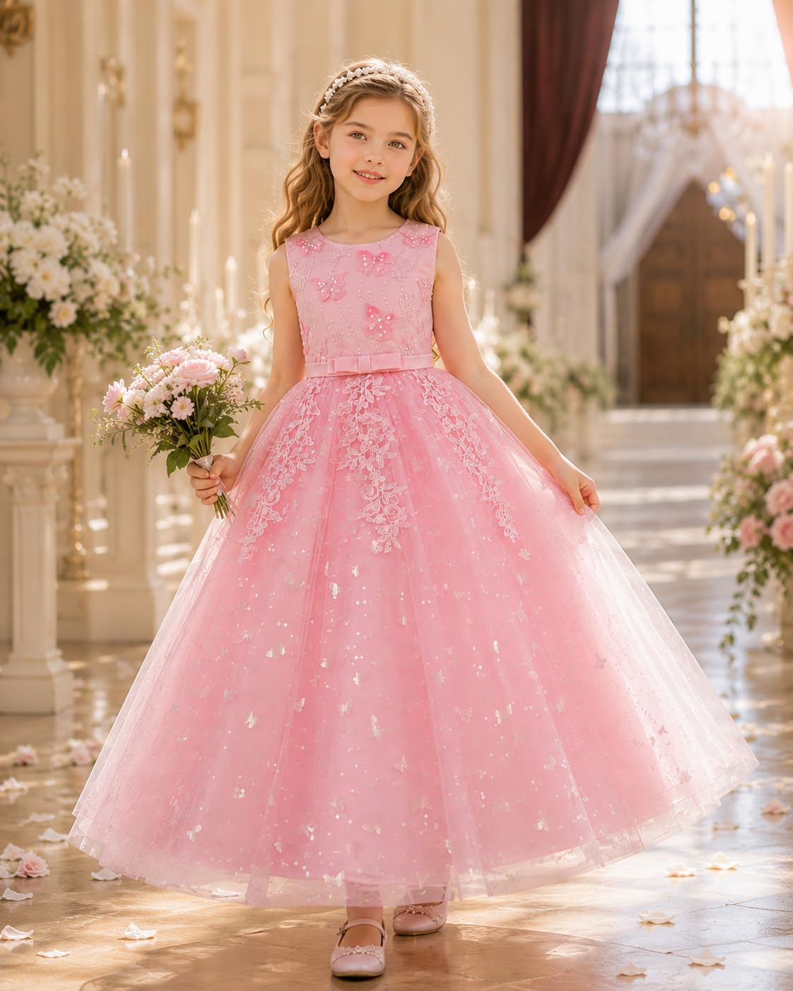 Vestido de fiesta para niña, vestido de princesa de tul con lentejuelas | Vestido festivo para niña con encaje floral bordado y tul multicapa, para bodas, cumpleaños y desfiles