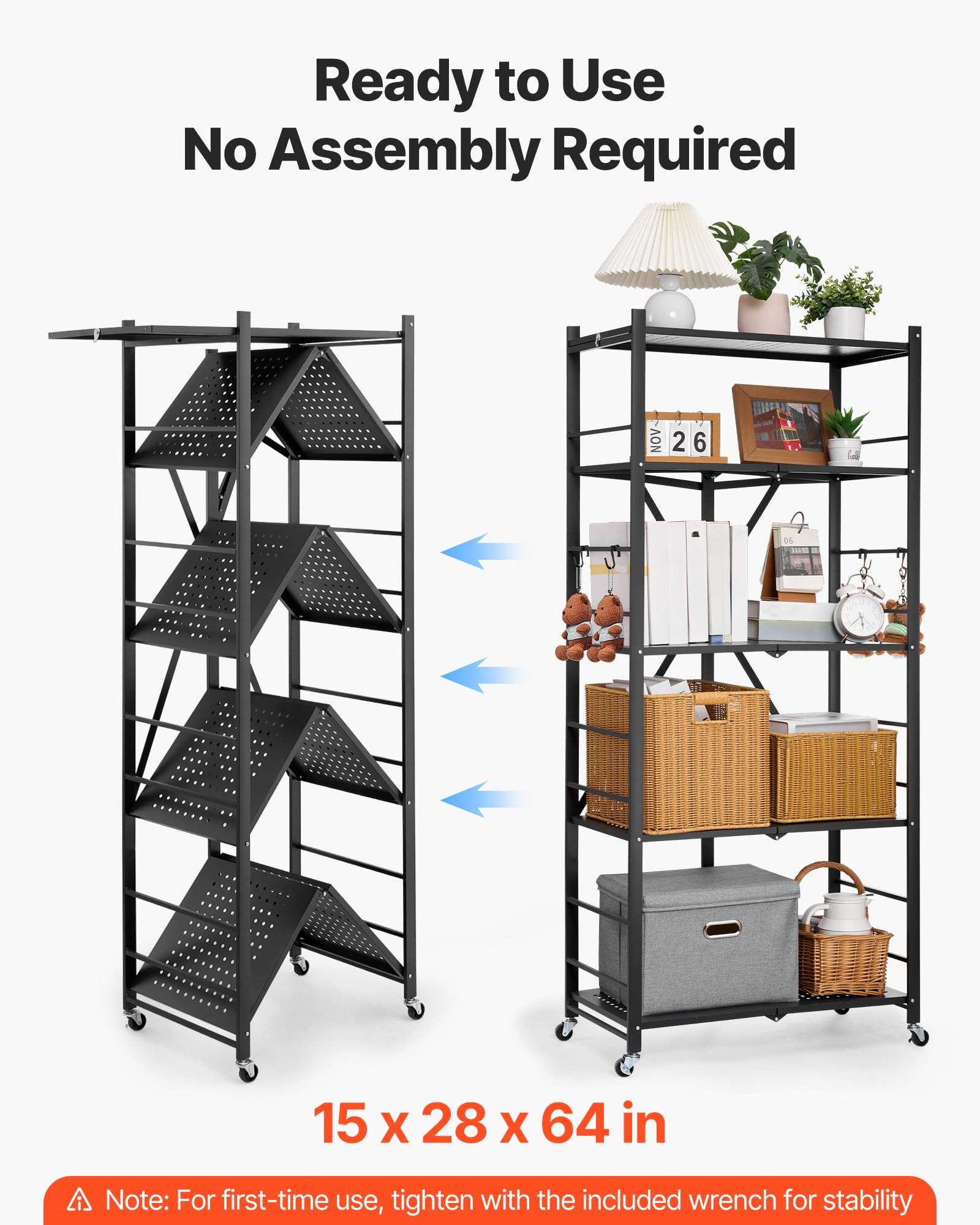 VEVOR Scaffale Portaoggetti Pieghevole a 5 Ripiani con Ruote, Scaffale in Metallo Pieghevole, Robusto Resistente Senza Montaggio, Ideale per Garage, Cucina, Cantina Nero 380 x 710 x 1630 mm