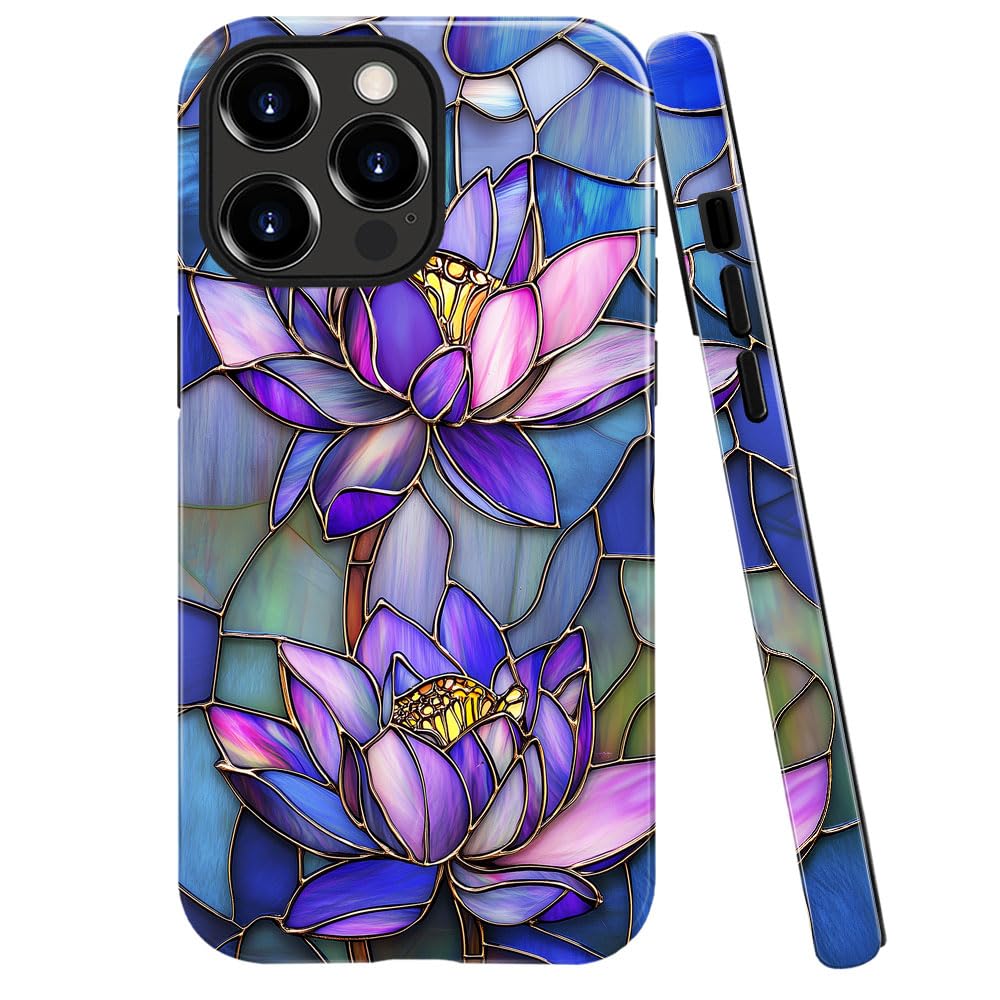 DAIZAG Case Compatible with iPhone 14 Pro Max,Glossy Durable Shock Protection Cover for Girl Women,Stained Glass Purple Lotus Flowers