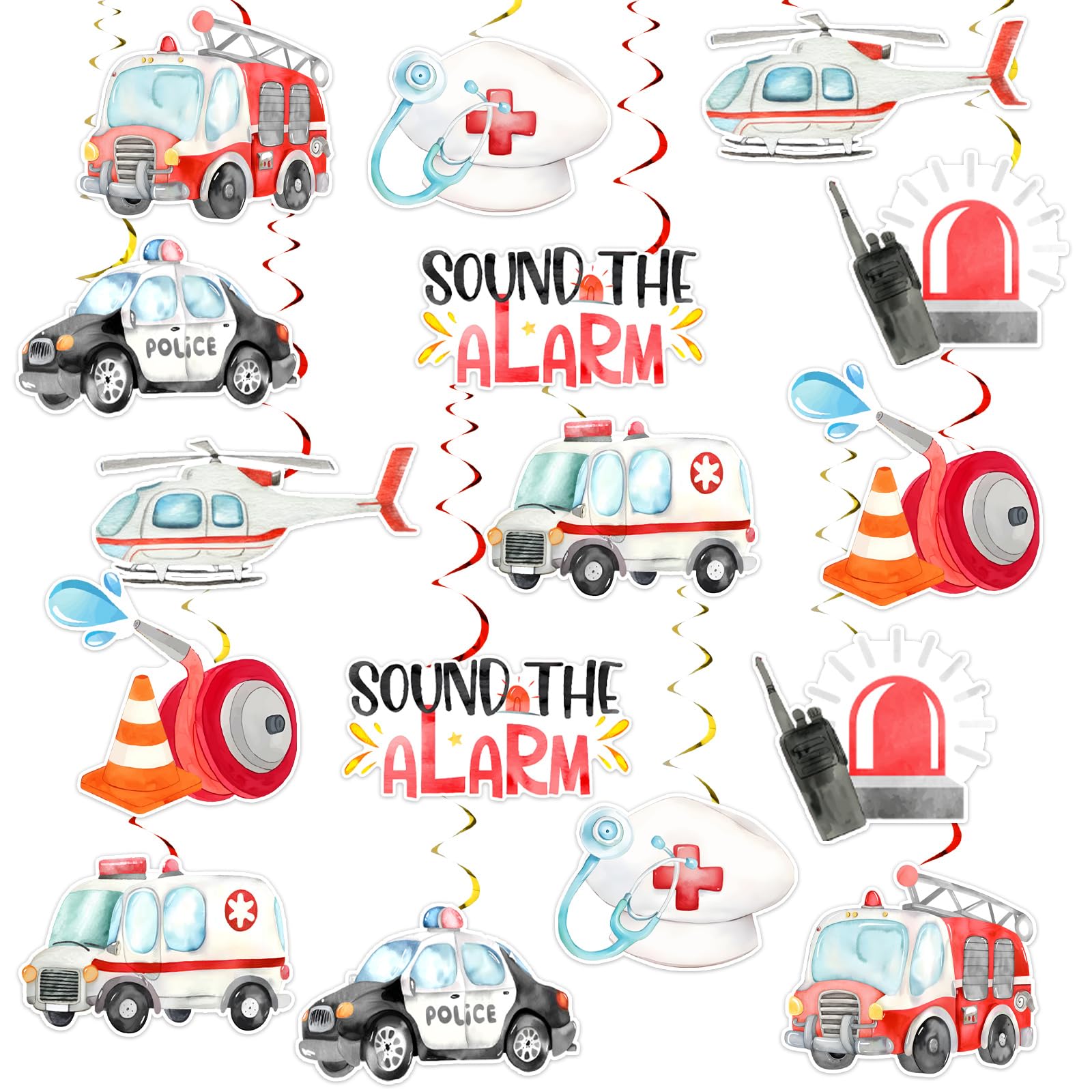 Sursurprise Emergency Vehicle Party Decorations, 24PCS Rescue Vehicles Hanging Swirls, Ambulance Firetruck Police Ceiling Streamers, First Responders Birthday Baby Shower Wedding Party Supplies