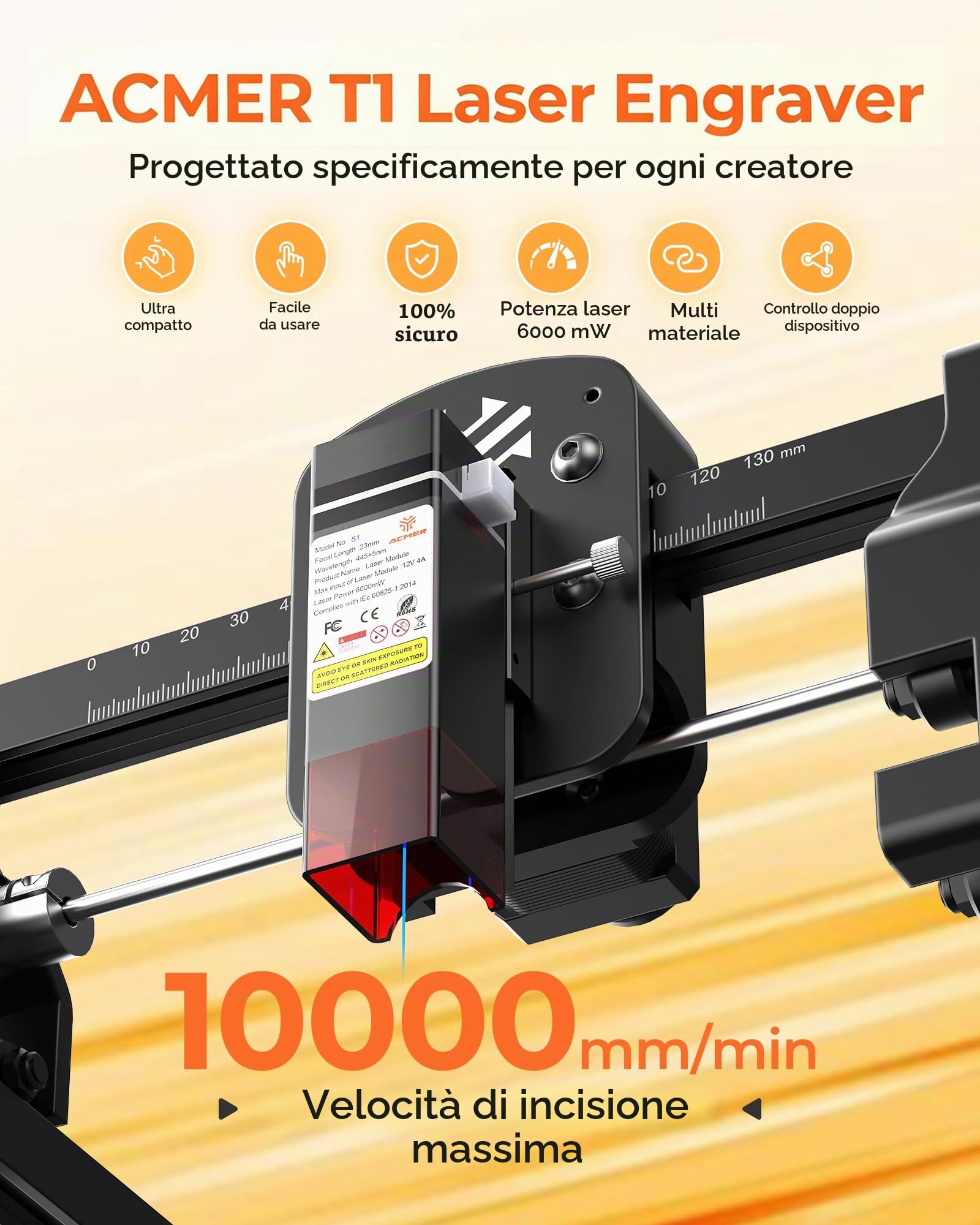 Acmer T1 Macchina per incisioni laser 2.5W, Mini incisore laser portatile, Laserschneider ad alta precisione di 0,01 mm, Area di lavoro 130 X 130 mm, Laser Cutter per legno, pelle, vetro, metallo e