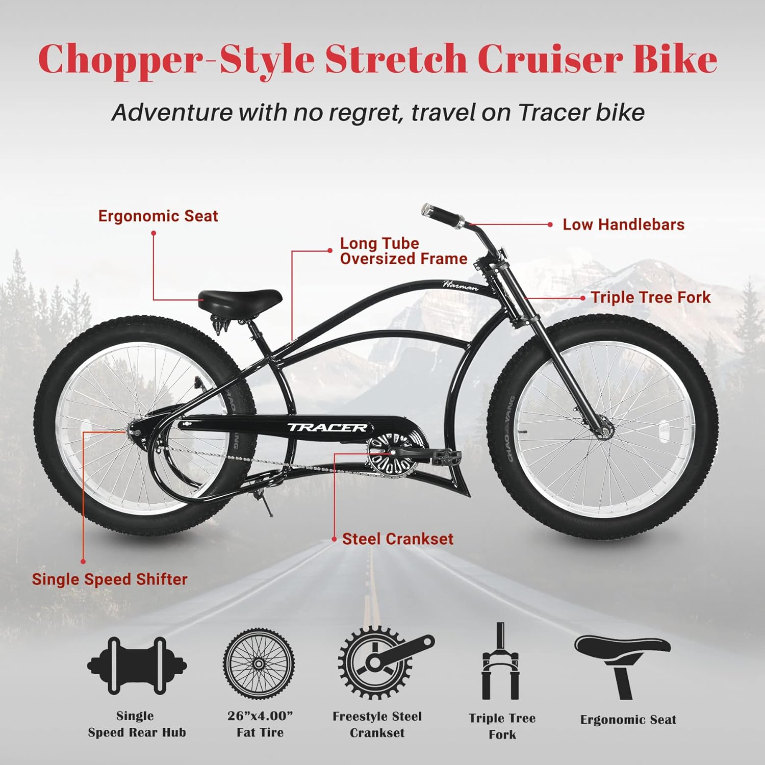 Tracer Harman Cruiser Bike, Chopper Bicycle, Freestyle Steel Crankset, 26" x 4" Fat Tires