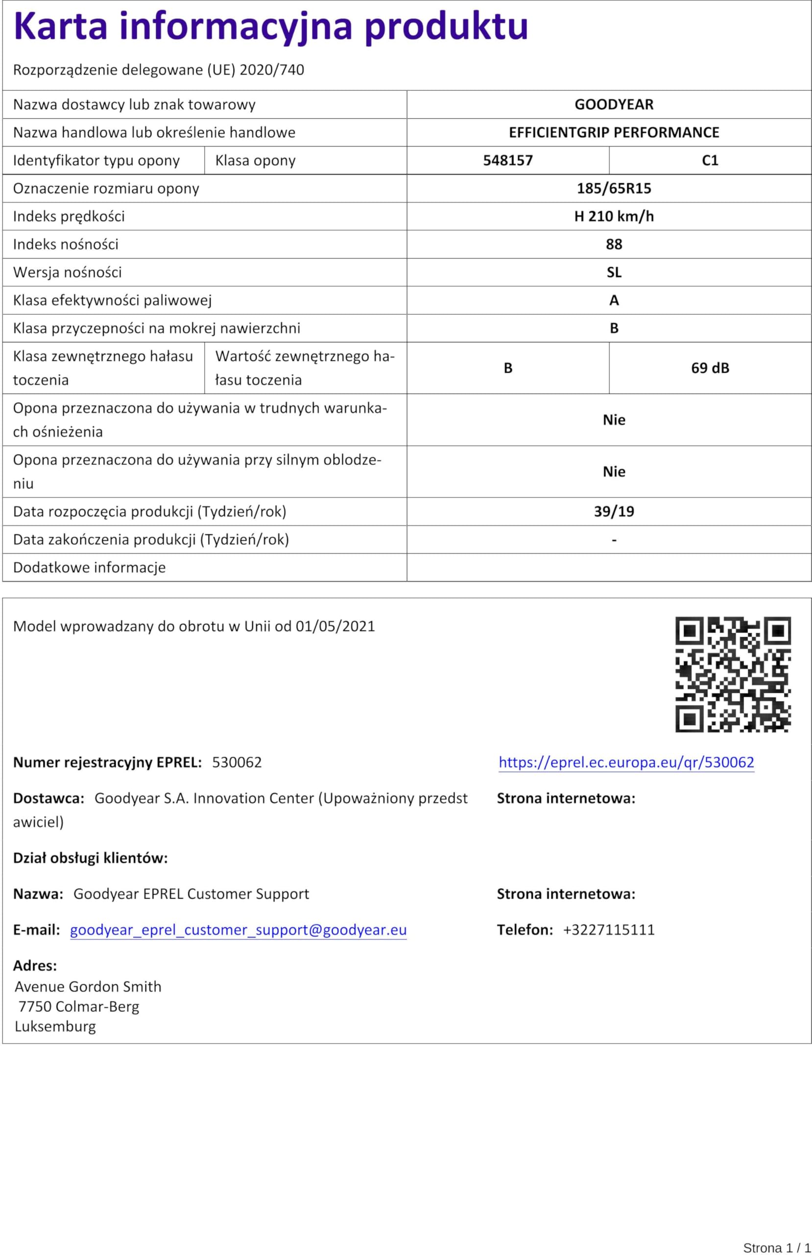 Goodyear 79203 Pneumatico 185/65 R15 88H Efficientgrip Performance