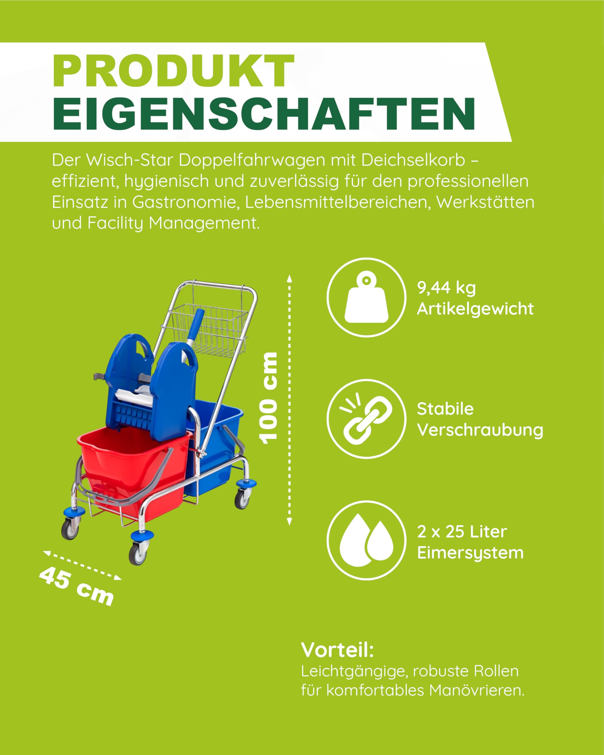 Wisch-Star Doppelfahrwagen mit Korb, Mobpresse & Deichsel – Putzwagen mit Eimer für Frischwasser & Schmutzwasser, Reinigungswagen Gewerbe und Zuhause für strahlende Böden