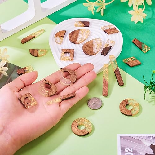 Miniatura 5 de Beadthoven - 20 piezas de 10 pares de dijes de madera de resina para bricolaje, aretes bohemios, colgantes de madera de resina de lámina de oro