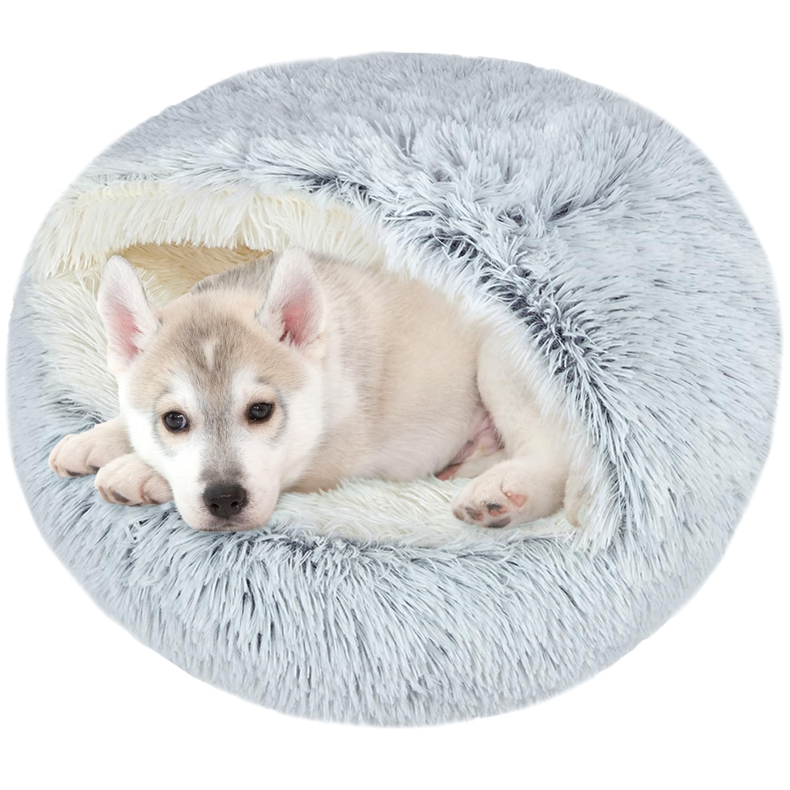 Arquiel Calming Cat Bed Round, Fluffy Hooded Cave Cat Beds Washable,Cozy Donut Anti Anxiety Dog Bed for Medium Small Dogs, Winter Gifts for Pet Lovers, Fits Up To 16kg Pets(70×70×40cm, Grey) — image 1