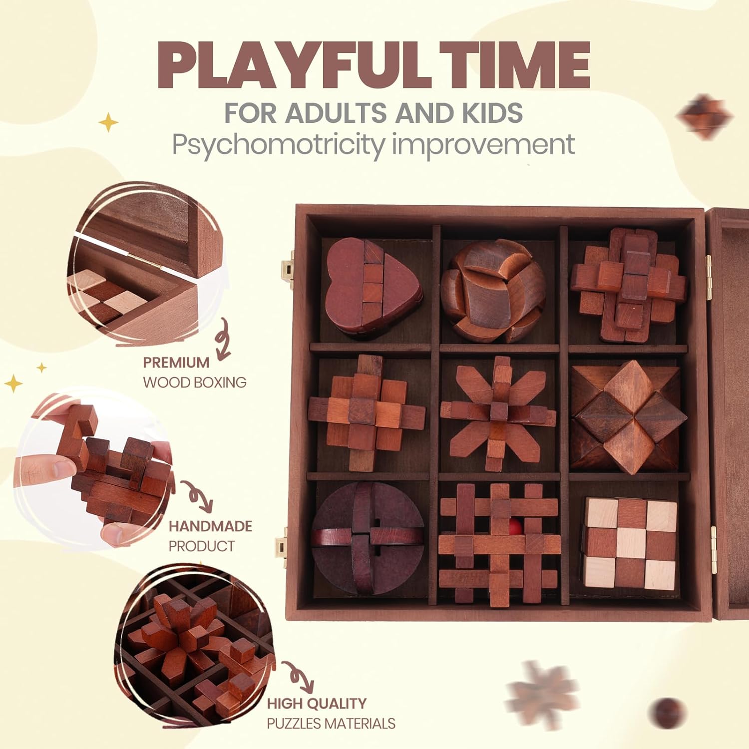 Wooden Brain Teaser Puzzles for Adults - Brain Teaser Puzzles with Wooden Box 3D Puzzle Game Toys for Adults Teens - Unlock Interlocking Puzzle Adult IQ Education Smart Toys