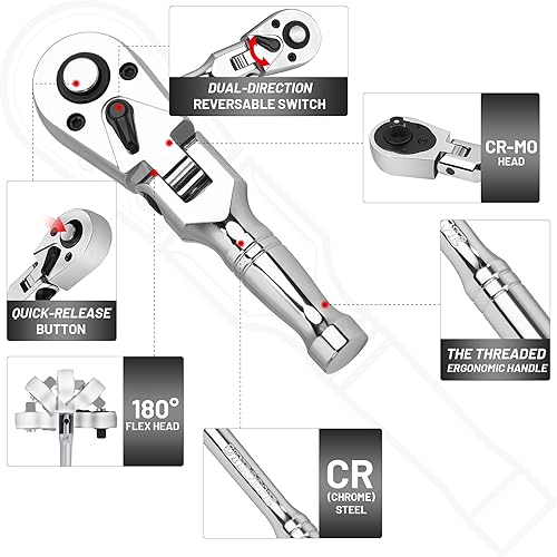 Miniatura 2 de Trinquete de accionamiento de 38 pulgadas, trinquete de cabeza flexible 38 llave de trinquete, llave de enchufe, cabeza Cr-Mo de liberación rápida