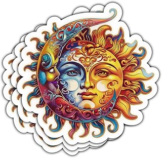 3Pcs Sun And Moon Vinyl Sticker, Vintage Retro Sun And Moon Solar Eclipse Bumper Sticker, Planets Stickers, Sun & Moon Mystical Magical Vinyl Decal- Sticker For Laptop Water Bottle Phone Car Helmet 3"