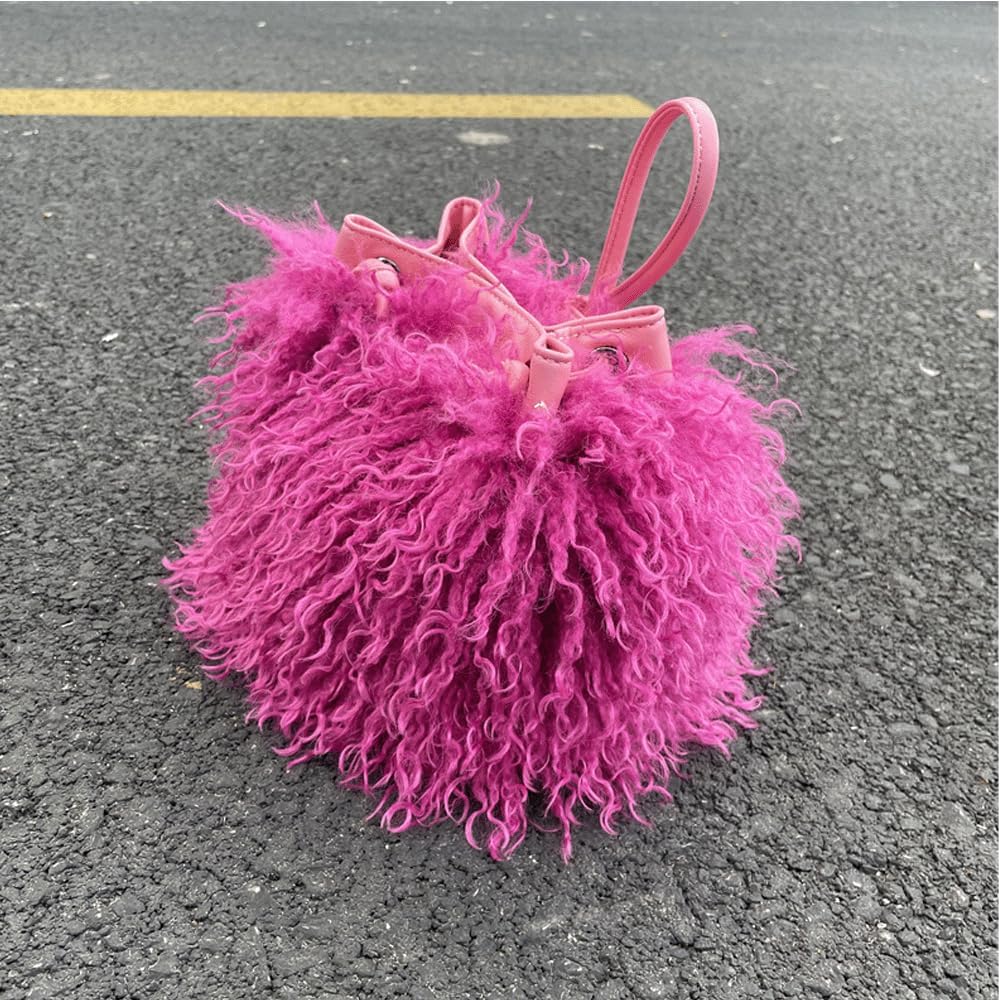 Fur Purse Mongolian Bucket Shoulder Bag Drawstring Curly Fluffy Fuzzy Furry Handbag Soft Winter Tote for Women
