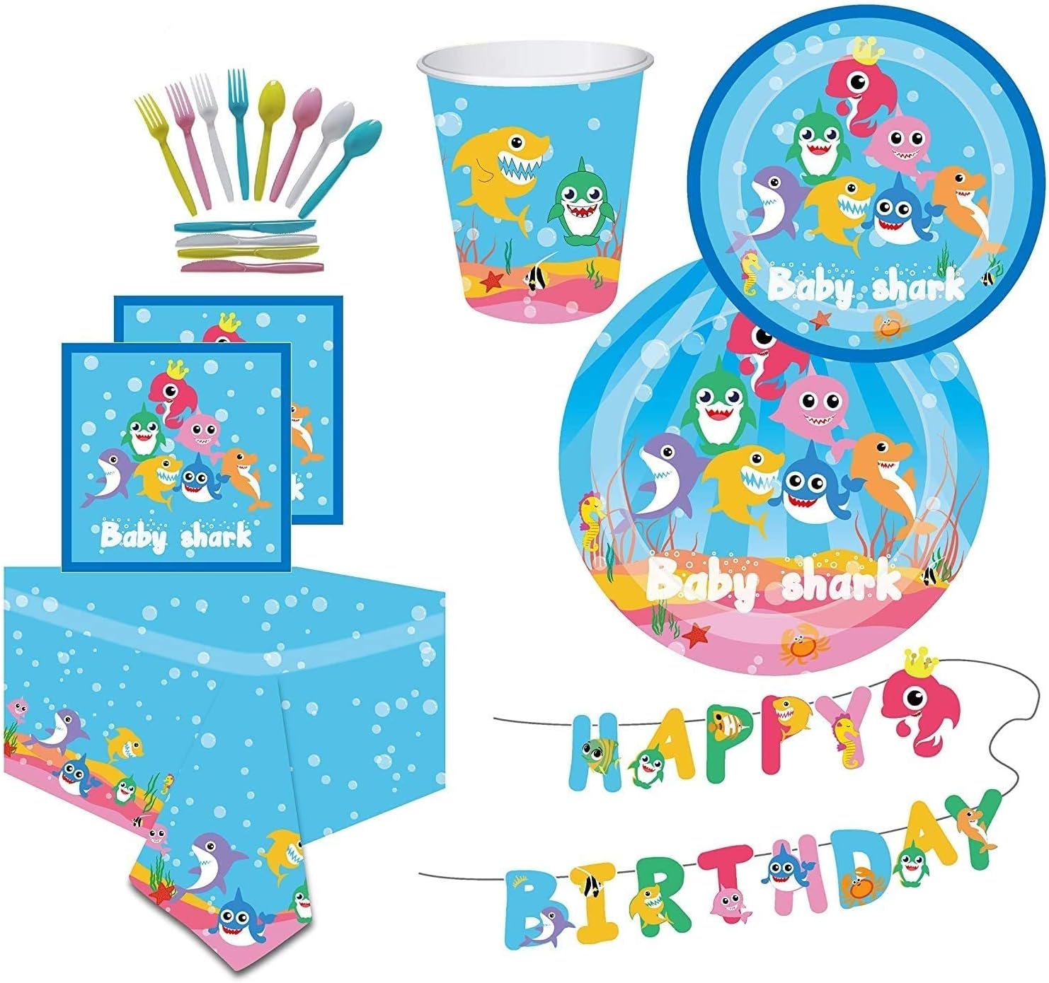 Baby Shark Party Supplies Set | Baby Shark Decorations and Tableware | Disposable and No Washing Up | Serves 16 – 114 Pieces by Party Avenue