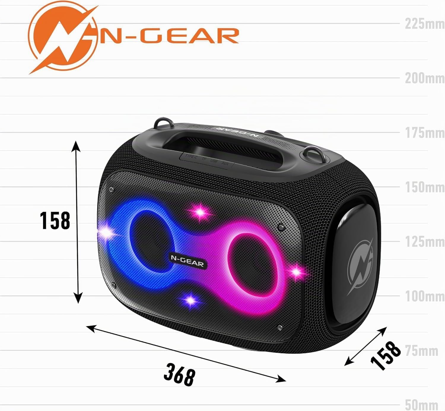 N-Gear NRG 600 Bluetooth Lautsprecher Musikbox - Partybox Bluetooth und Karaoke Maschine mit 2 Mikrofonen im einem - 600 Watt, Super Tiefer Bass, IPX5 wasserdicht, 10 Std. Spielzeit, LED-Beleuchtung