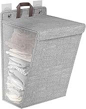 HELIMIX Wall Mounted Laundry Hamper Bag – Small Size (48x36x9 cm) Hanging Laundry Basket with Lid & Handle, Foldable Slim Dirty Clothes Storage Organizer for Bathroom, Bedroom & Dorm – Grey