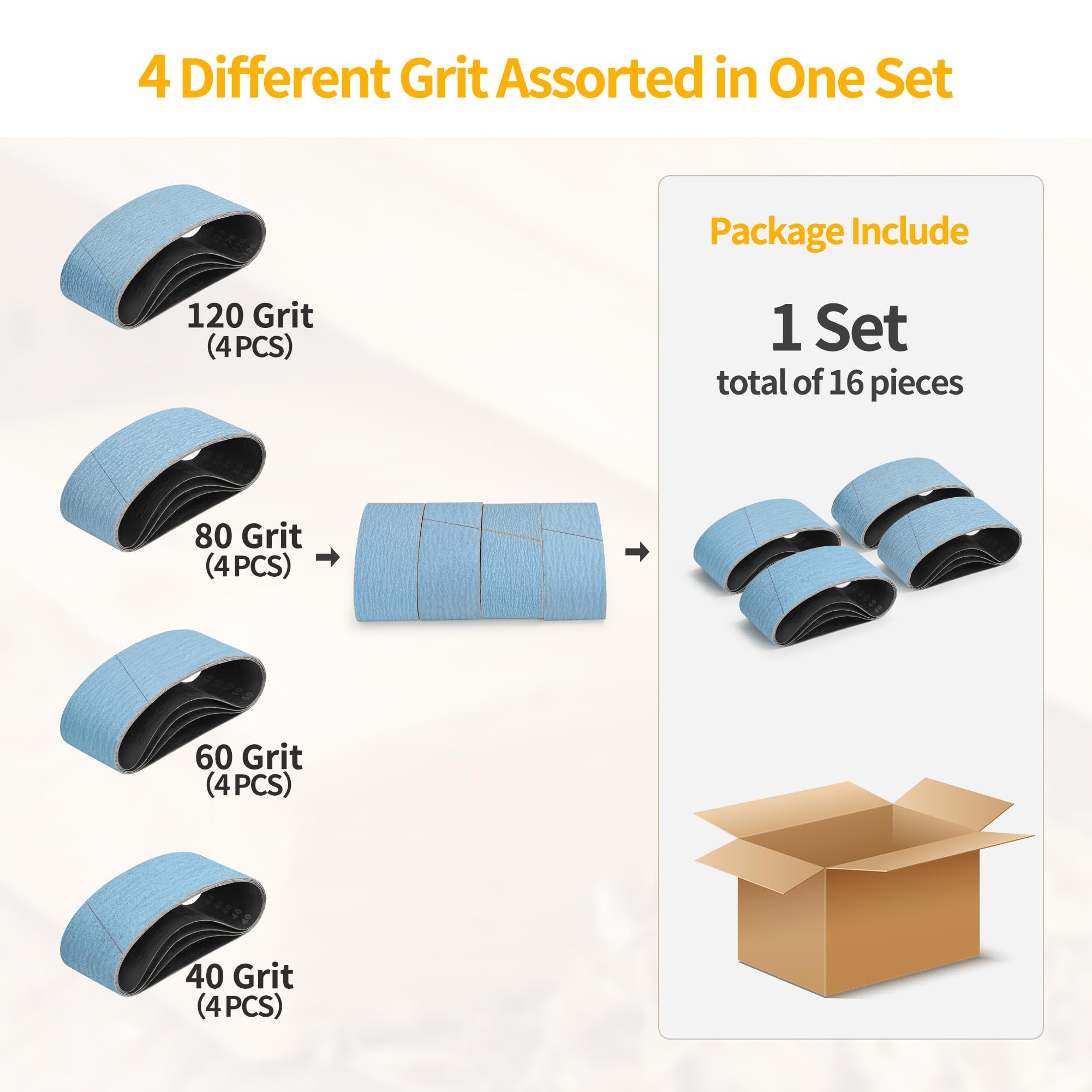 Lot de 16 bandes abrasives pour ponceuse à bande 75 x 533 mm en oxyde de zirconium 40/60/80/120 pour ponceuse à bande