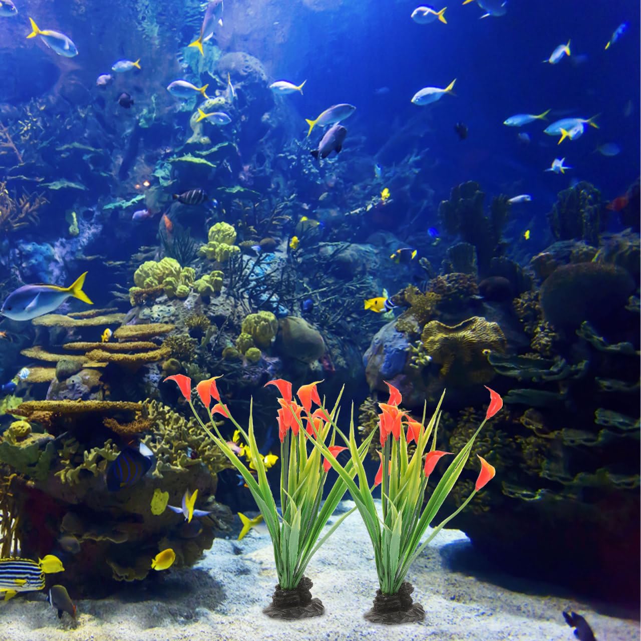 VANZACK Lot de 2 plantes en soie pour décoration d'aquarium - Fausse plante compacte - Accessoire de bureau - Coupe froide - Plastique
