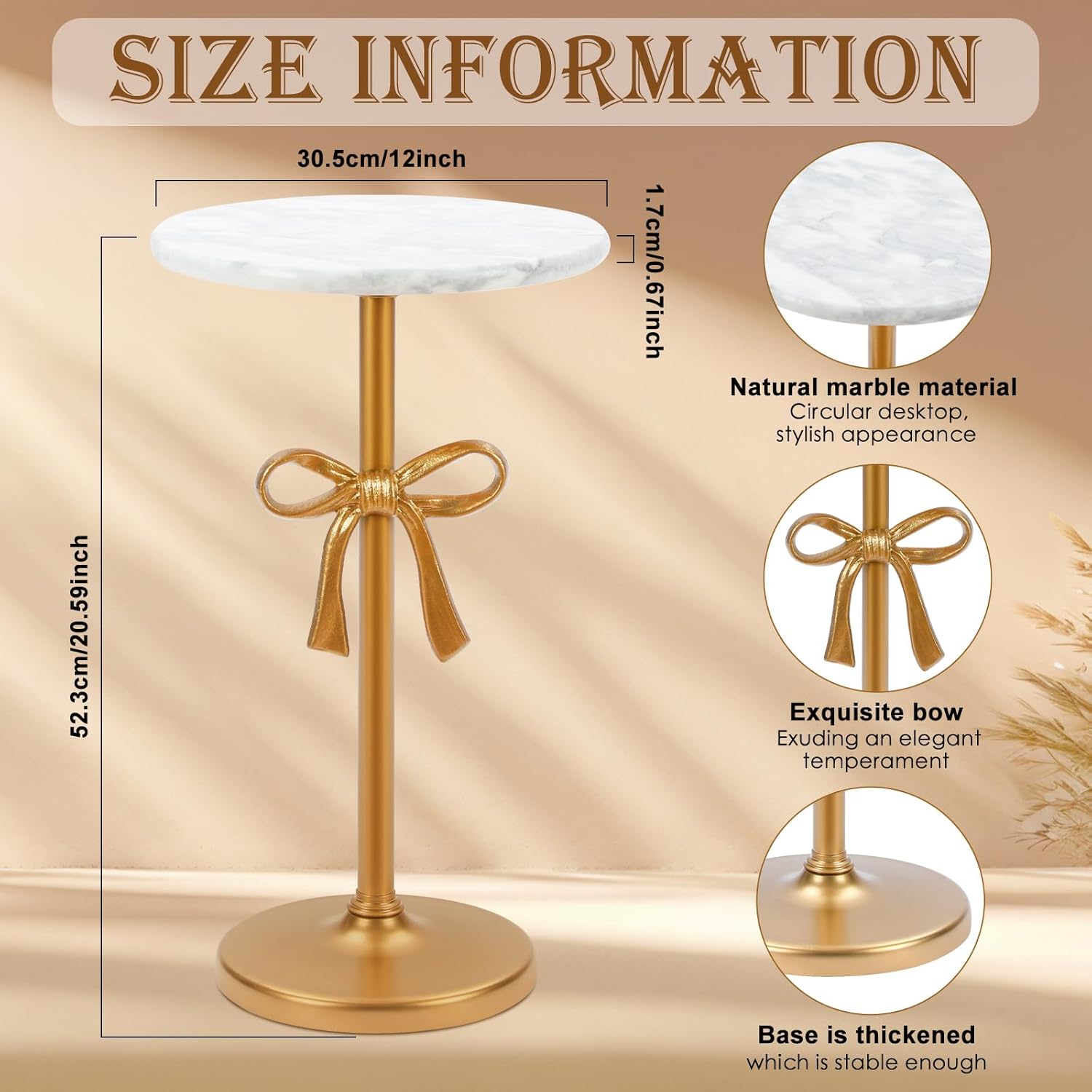 DoubleFill Gold Bow Marble Martini Drink Table 12 x 20.6 Inches Round Marble Top Pedestal Side Table Elegant Gold Bow Accent End Stand for Small Spaces Living Room Bedroom Corner Decor Beverage
