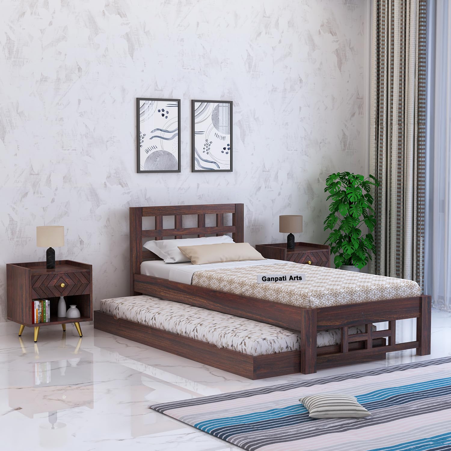 GANPATI Arts Sheesham Wood Simon Single Size Trundle Bed with 1 Extra Pullout Bed for Bedroom Home (Walnut Finish)