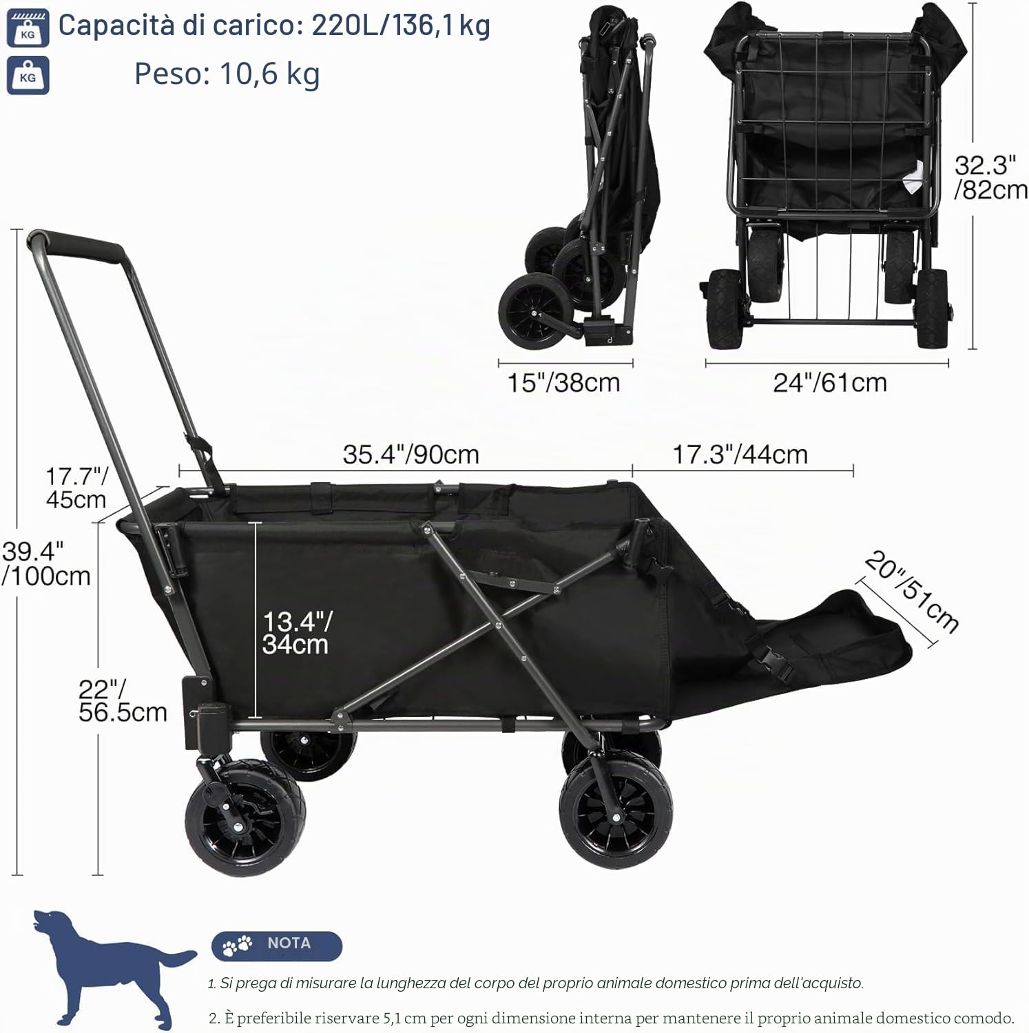 REDCAMP Carrello pieghevole per cani con estremità posteriore estendibile, resistente, 134 l, grande, da campeggio e giardino