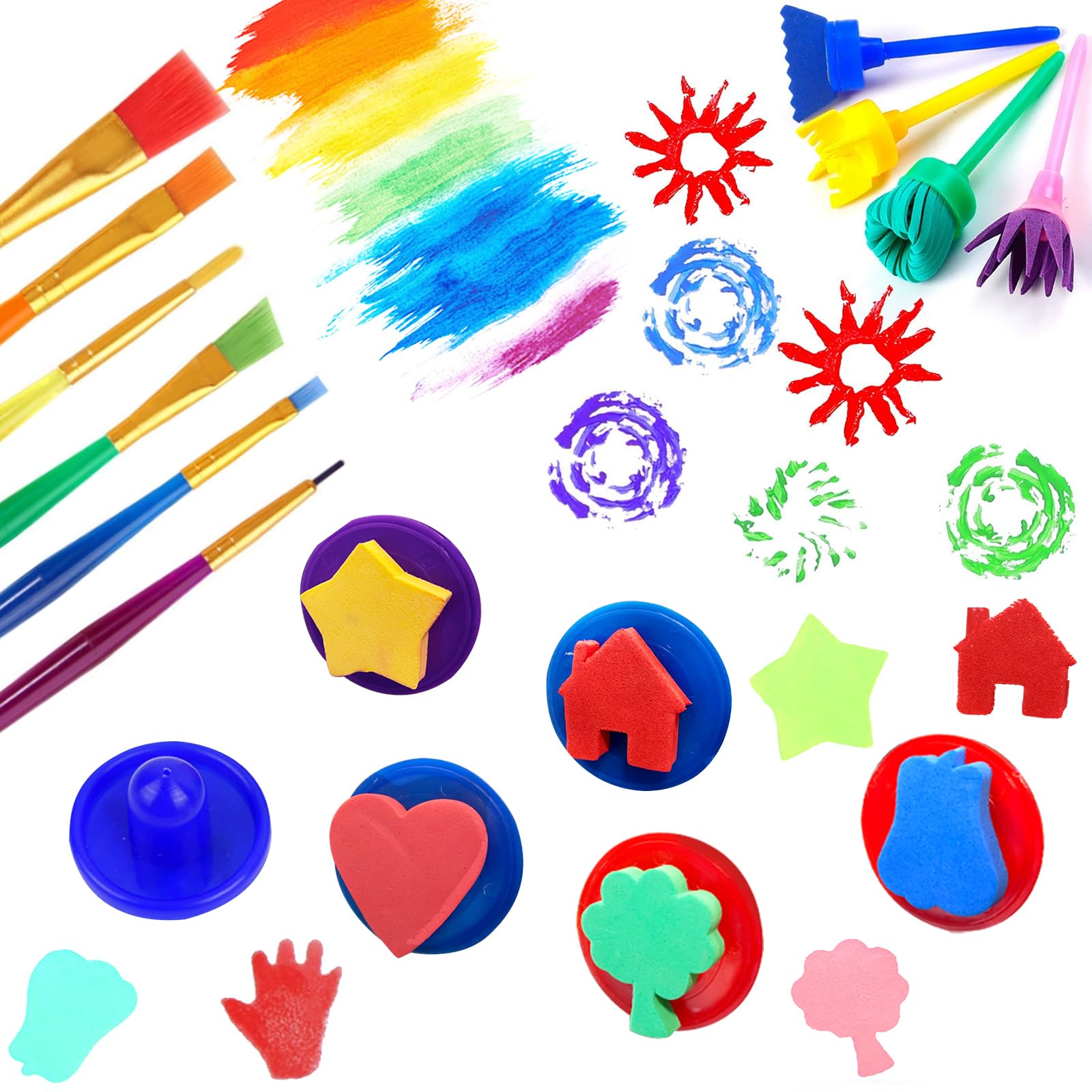 Lot de 51 pinceaux de peinture avec éponge Kit d'apprentissage pour enfants avec brosses en mousse Lot de pinceaux à motif, tablier étanche, etc.