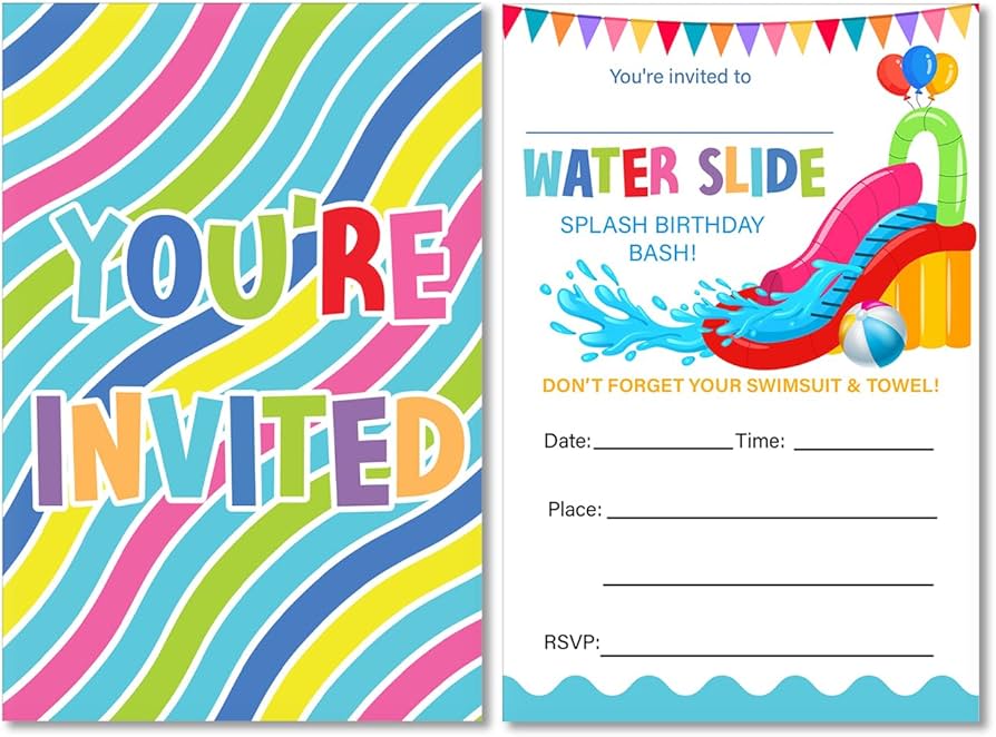 Amazon.com : Water Slide Party Invitations with Envelopes Set of 20 Summer Waterslide Theme Birthday Party Invites Fill in Blank : Home & Kitchen