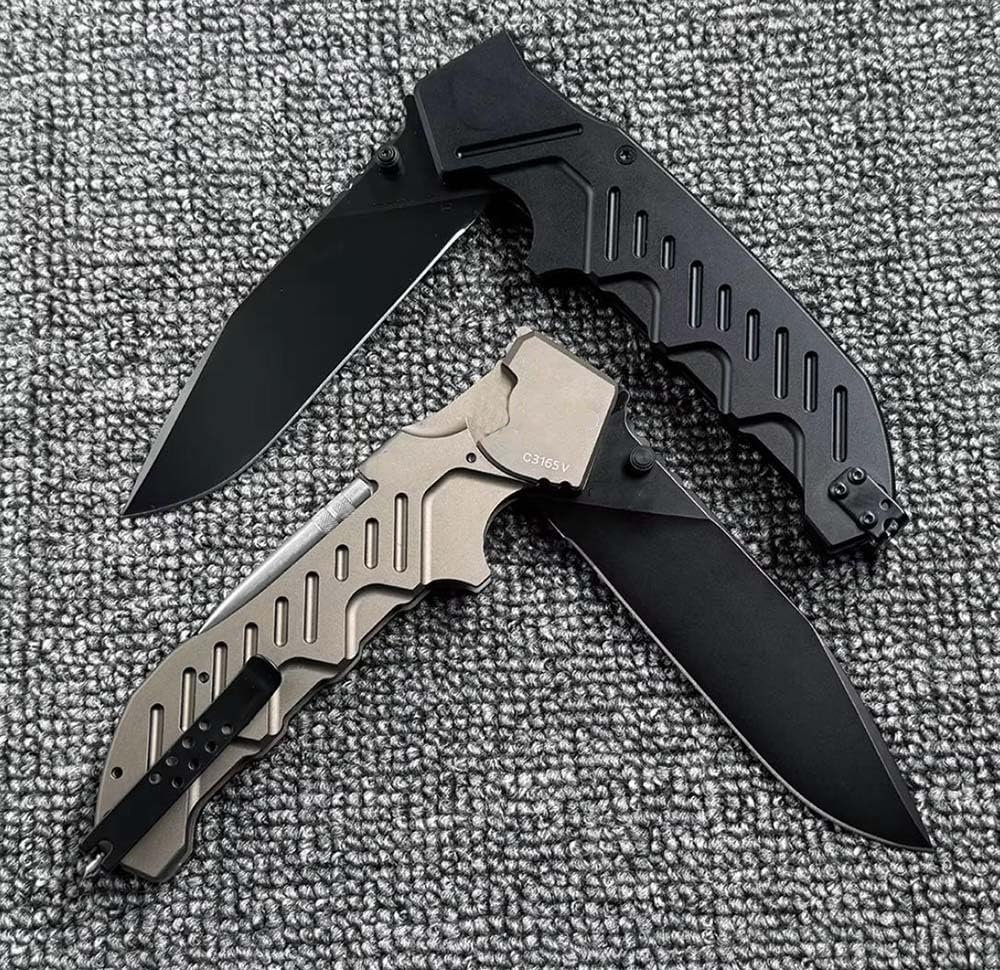 Klappmesser 10.6" Scharfes slim Taschenmesser schwarz edelstahl Alu lange, Khaki aluminium, kette geprägter muster, Outdoor Edc Messer Survival Jagdmesser, tragbare camping messer, geschenk für männer