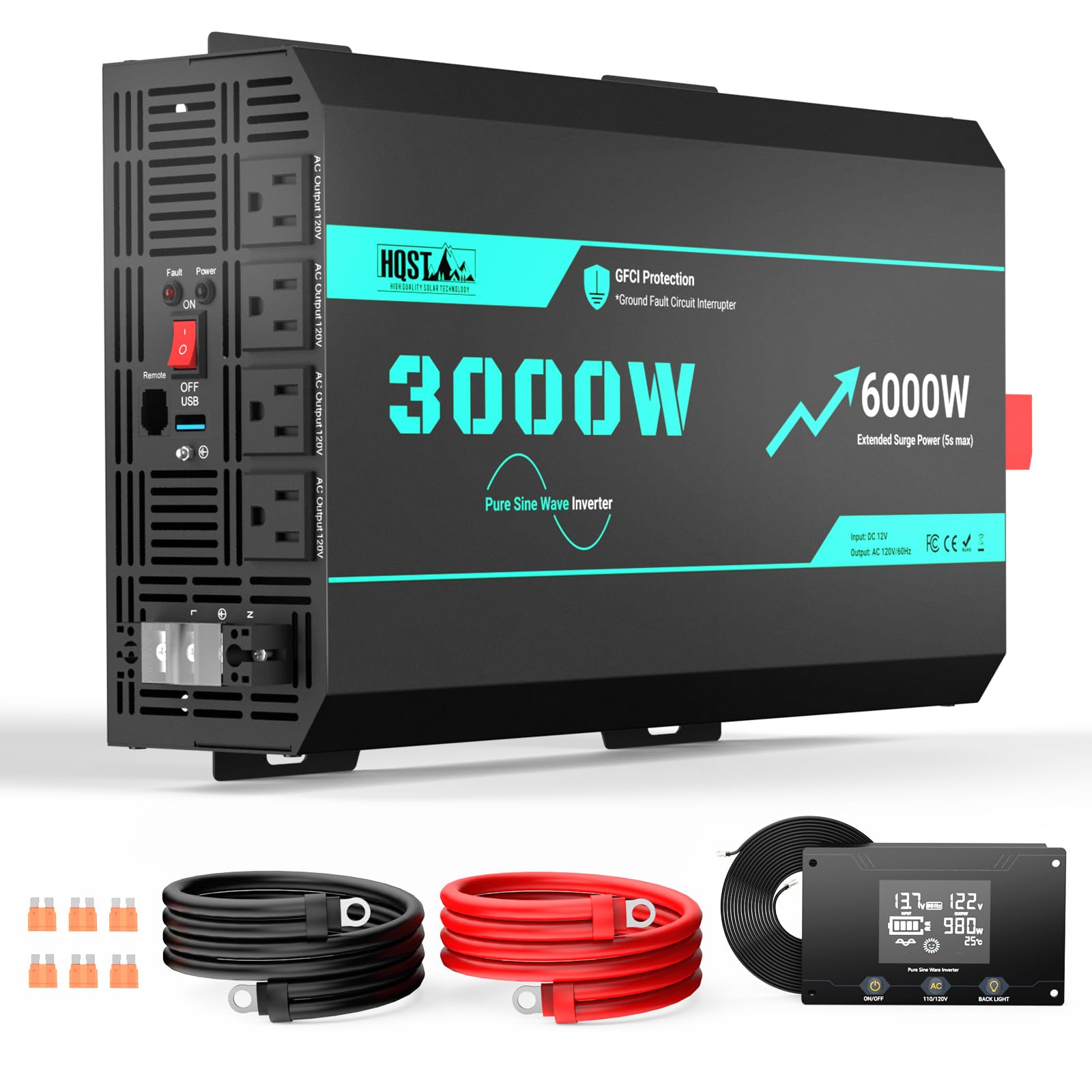 HQST 3000W Pure Sine Wave Power Inverter, Surge 6000W for 5s Boost, 12V DC to 120V AC