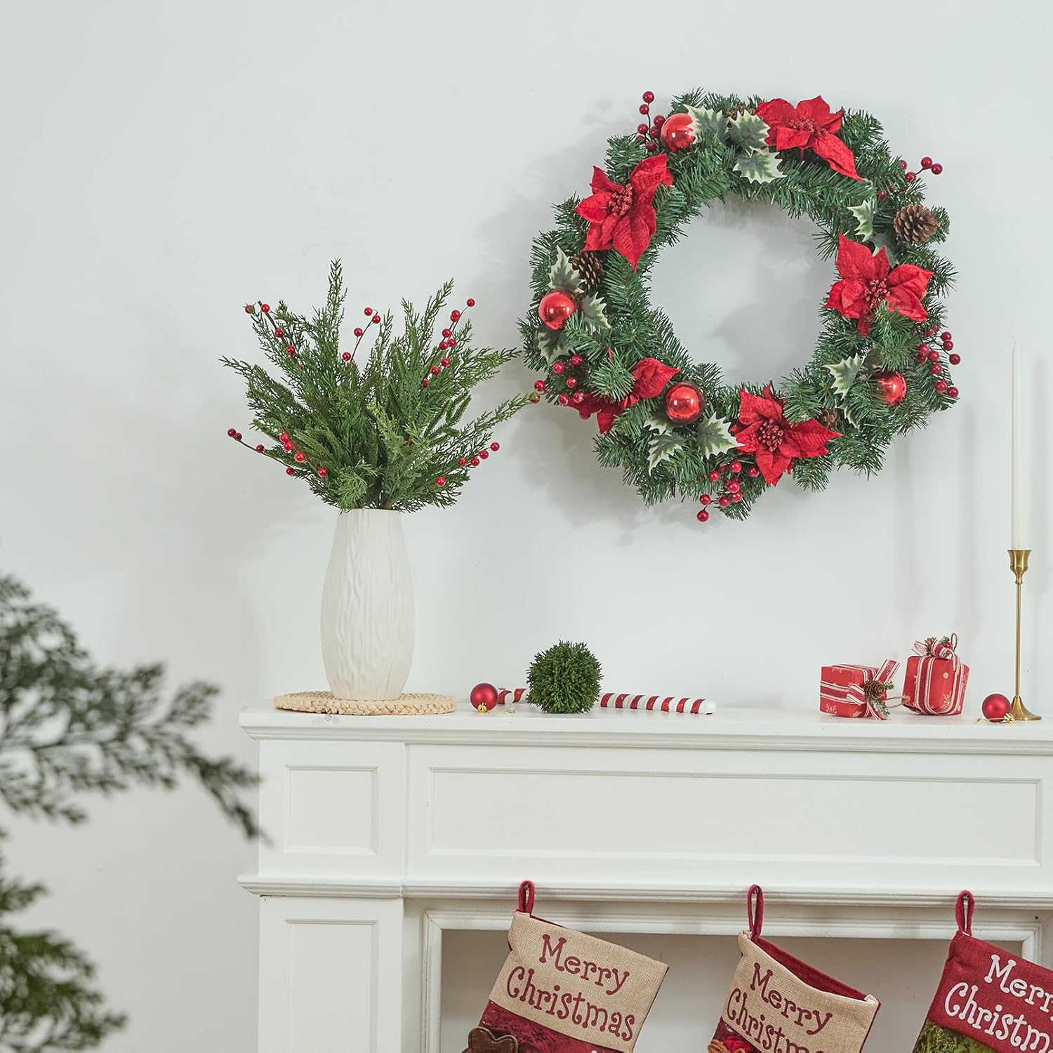 Heleze 22.8 Inch Christmas Greenery Stems - Artificial Pine Branches, Faux Cedar Cypress Norfolk Pine Picks with Red Berries for Vase Xmas Decor 3 Pcs