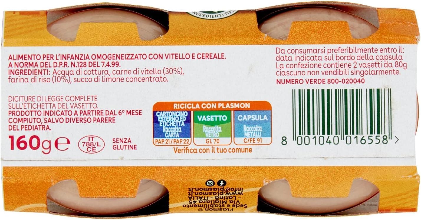 Plasmon Carne Vitello e cereale 12x (2x80g) Mit italienischem Fleisch, 100% natürlich, ohne Stärken und Räume hinzugefügt + Italian Gourmet polpa 400g