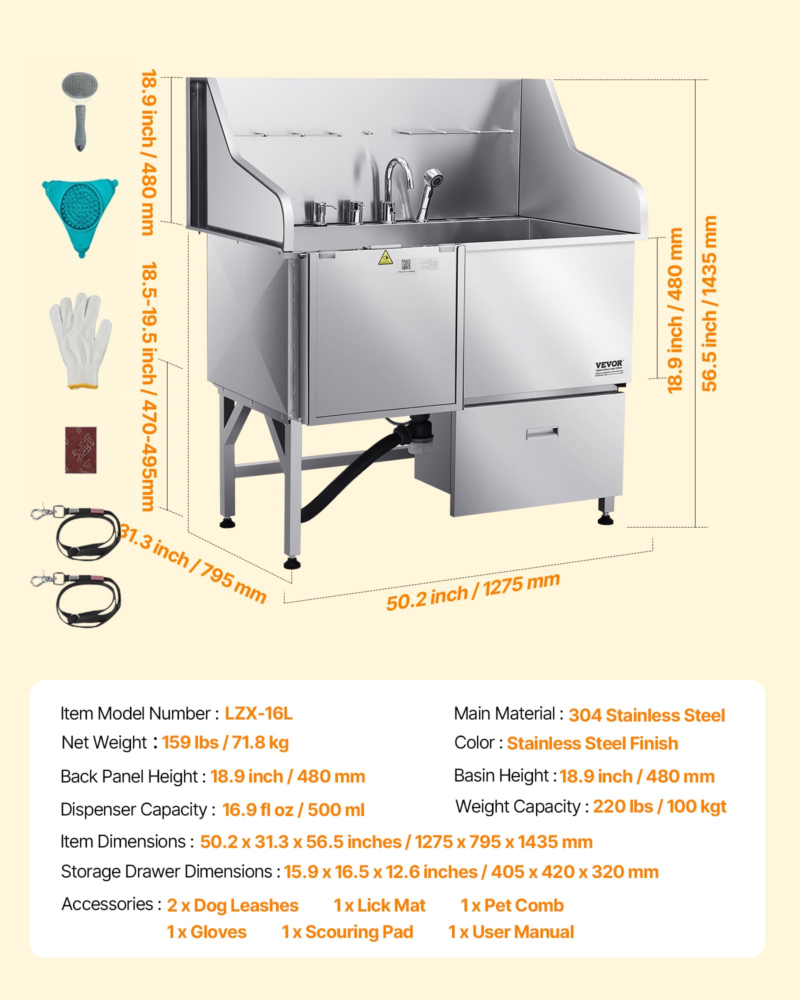 VEVOR Stazione di Lavaggio per Cani in Acciaio Inox, Vasca per Toelettatura per Animali Domestici di Grandi, Medie e Piccole Dimensioni da 127 cm con Rampa, Rubinetto e Porta Sapone, Porta Sinistra