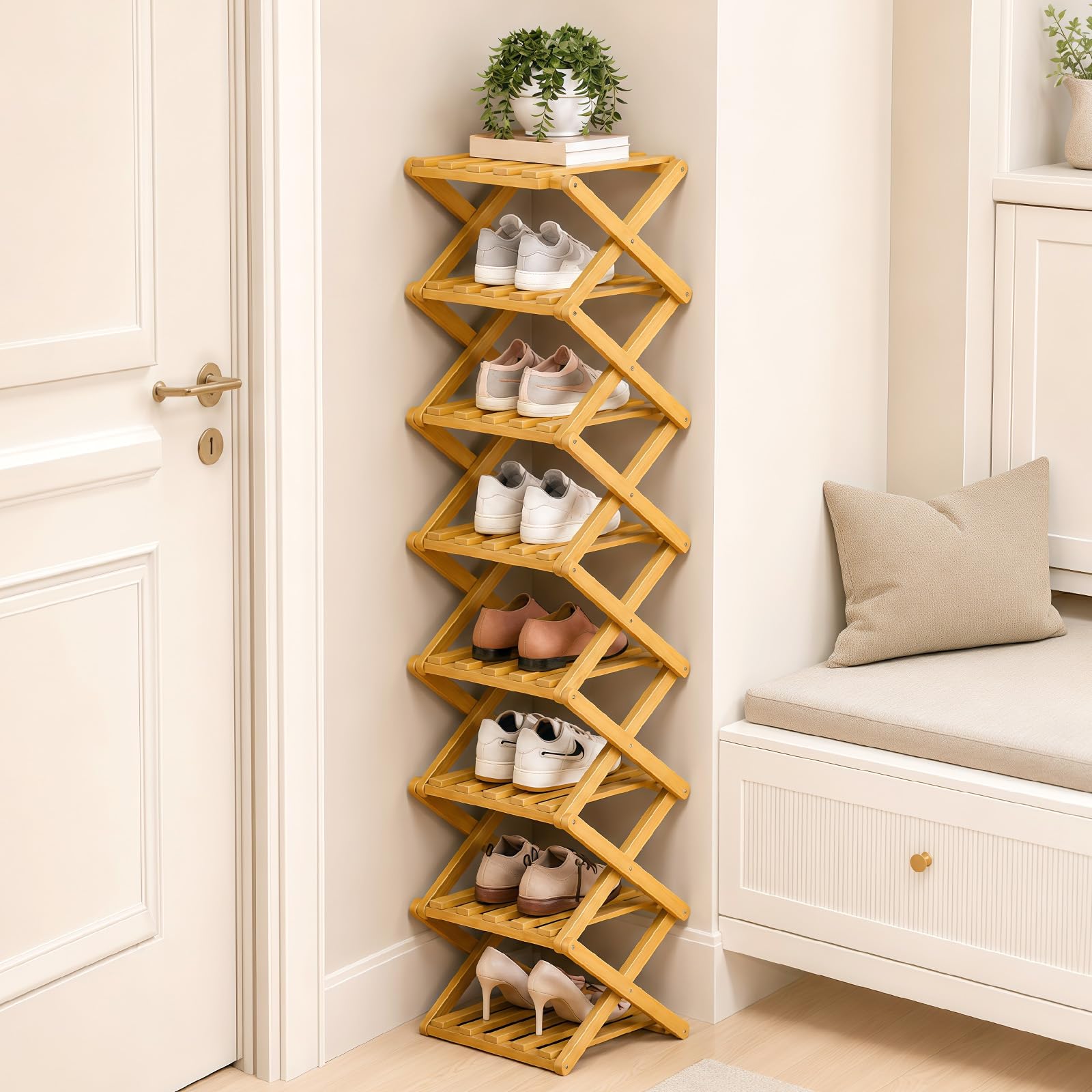 Jevervd Vertical Foldable Shoe Rack Small, 8 Tier Wooden Shoe Racks for Narrow Space Without Installation Free Standing Shoe Storage Cabinet Corner Shoe Rack for Corridor Bedroom Hallway Small