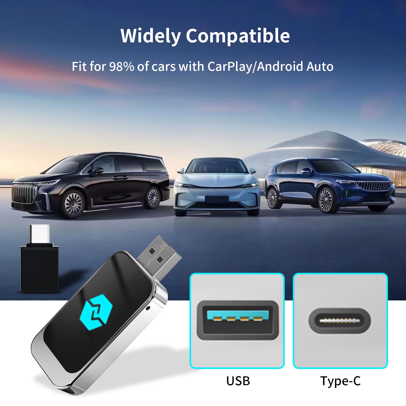 CUQI Bezprzewodowy adapter Android Car oraz CarPlay, 5G, WiFi i Bluetooth 5.0, USB typu C i USB, Plug & Play, dla iOS 10+, Androida 11+