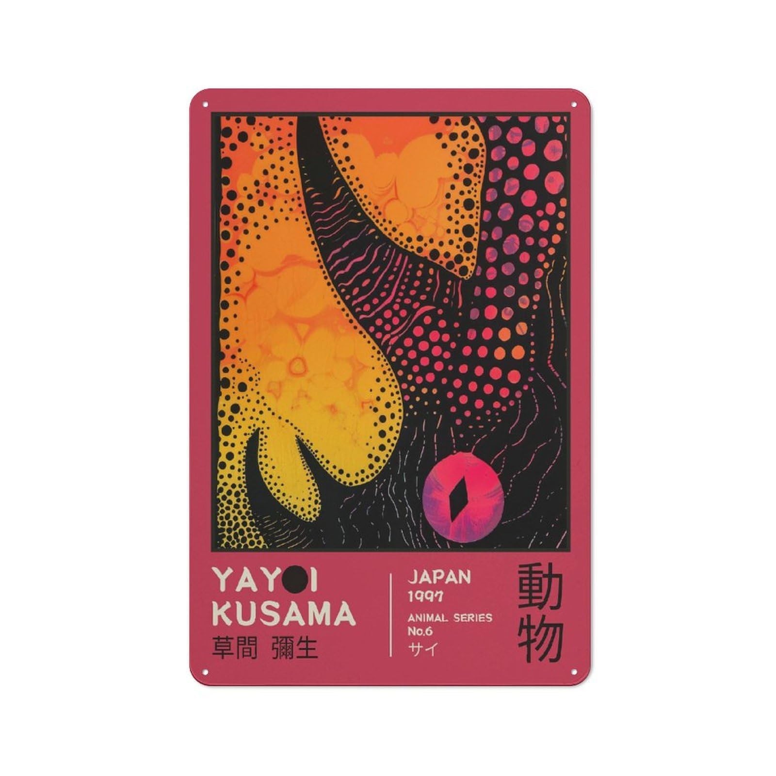 Junmoney Style-24 Rustic Yayoi Kusama Rhino No.6 Exhibition Poster Tin Wall Plaque 30X20cm, Rustic Kitchen Decor For Cottage, Kitchen, Hallway Or Breakfast Nook