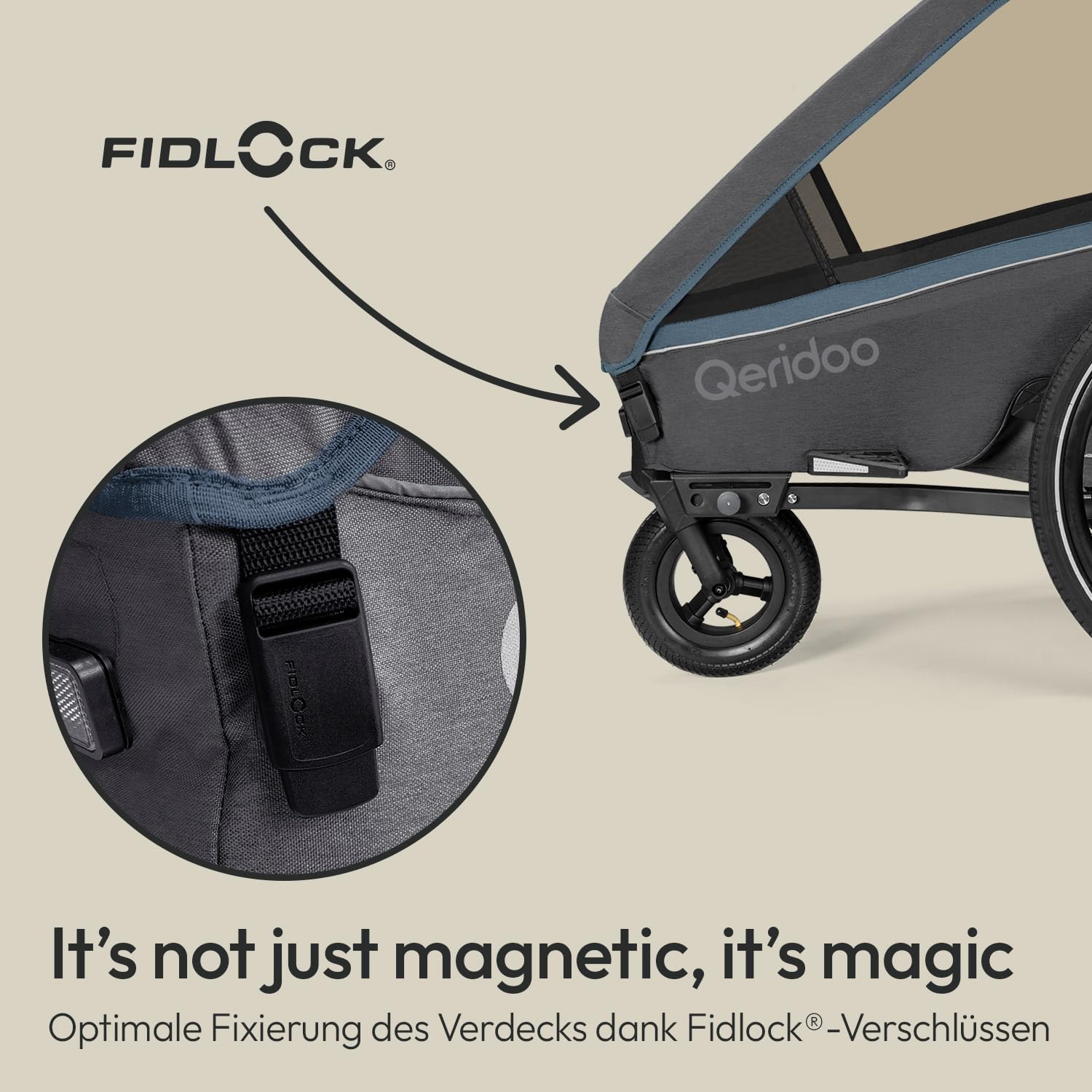Qeridoo Rimorchio per bicicletta Kidgoo 1 Navy Blue con cintura a 5 punti e Easy ARS, pieghevole, con ruota girevole a 360 gradi e protezioni per la testa brevettate, per 1 bambino
