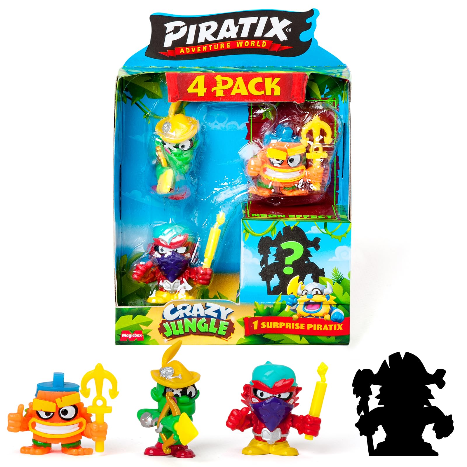 PIRATIX, ADVENTURE WORLD Crazy Jungle Series – 4 pack Includes 4 Piratix: 1 'Neon effect', 1 surprise, and 4 ‘neon’ accessories, Pack 6 out of 6