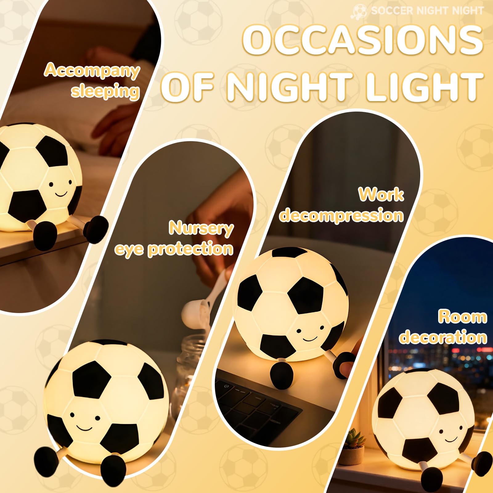 Luz nocturna de fútbol para niños, lámpara de noche de silicona ajustable y temporizada, lámpara de noche de guardería, dormitorio, decoración de fiesta, adecuada para niños y niñas