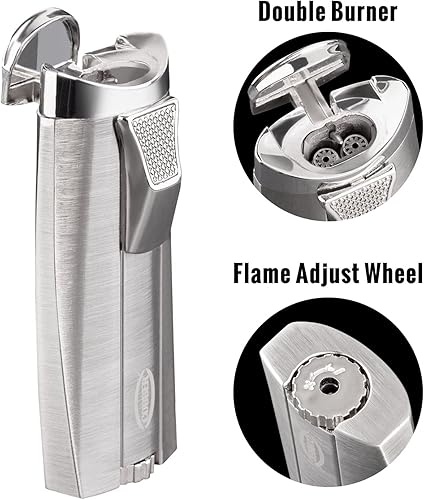 Miniatura 10 de Encendedor de puros de antorcha, doble llama de 2 chorros recargable de butano, encendedor de cigarros gris