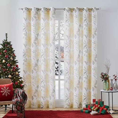 WEST LAKE Cortinas florales de lino semitransparente con hojas de flores amarillas y grises, cortinas botánicas de 84 pulgadas de largo, cortinas